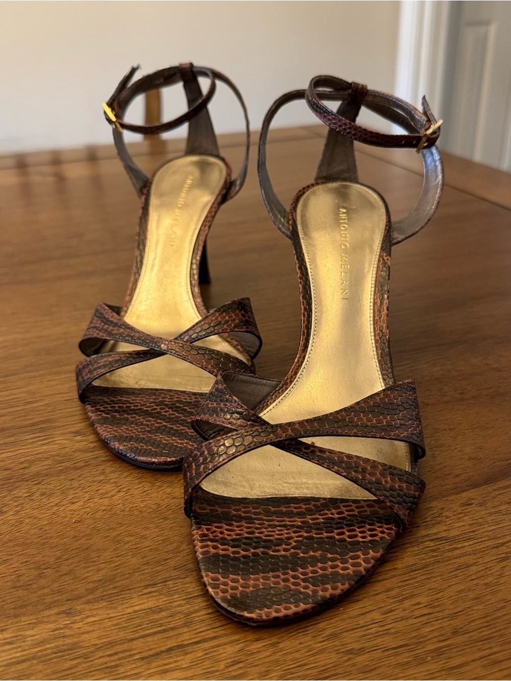 ANTONIO MELANI Brown Snakeskin-Effect Strappy Ankle Strap Heels